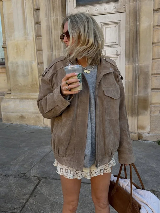 Suede Stand Collar Bomber Jacket