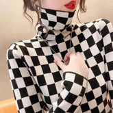 High Neck Checkered Knit Sweater