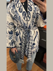 V-Neck Printed Knit Cardigan With Belt