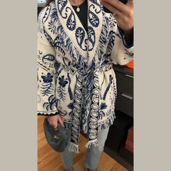 V-Neck Printed Knit Cardigan With Belt