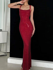 Rhinestone Backless Maxi Dress