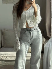 Hollow Knit V-Neck Crop Cardigan