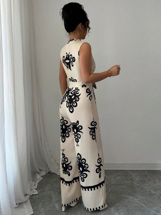 Lace Up Printed V Neck Jumpsuit