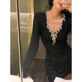 Beaded Geometric V-Neck Dress