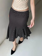 Dot Print Low Waist Midi Skirt