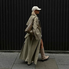 Solid Double Breasted Belted Loose Long Coat