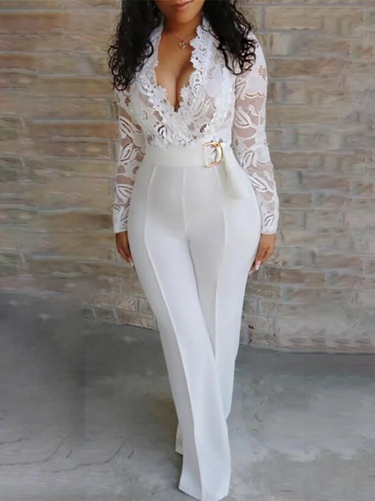 White Lace Stitching V Neck Jumpsuit