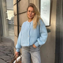 Stand Collar Solid Knit Cardigan