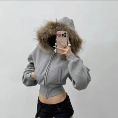 Fur Collar Hooded Crop Jacket