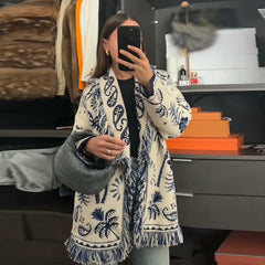 V-Neck Printed Knit Cardigan With Belt