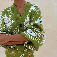 Geometric Print V-Neck Cardigan