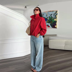 Solid Zip Stand Collar Bomber Jacket