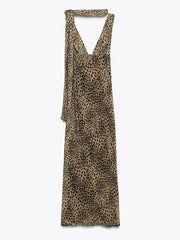 Animal Print Scarf Dress with Hanging Collar