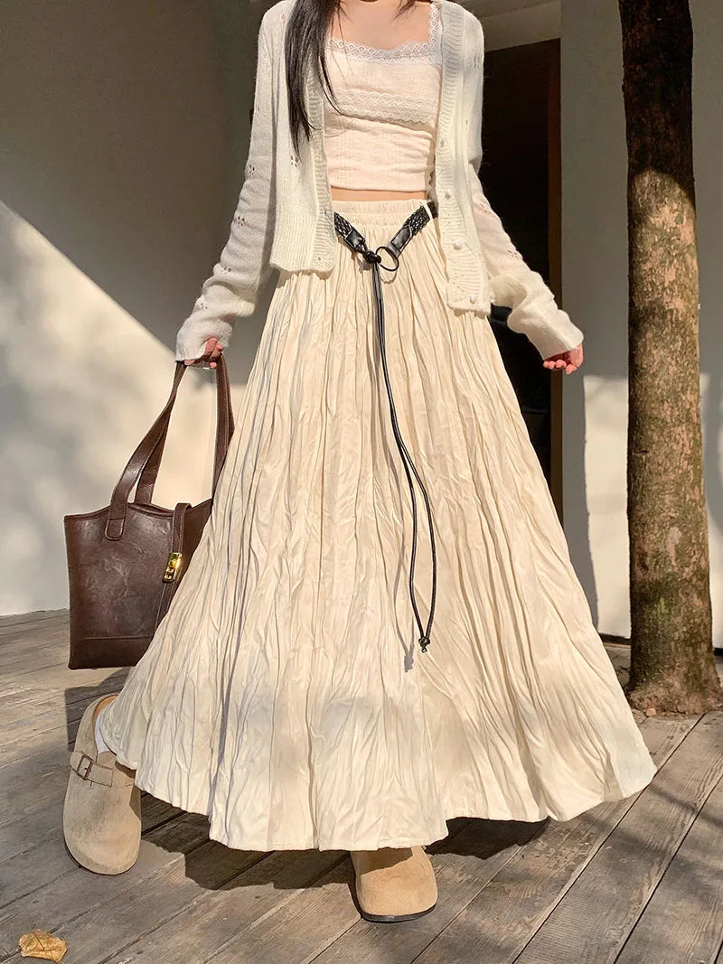 Elastic High Waist Pleated Maxi Skirt