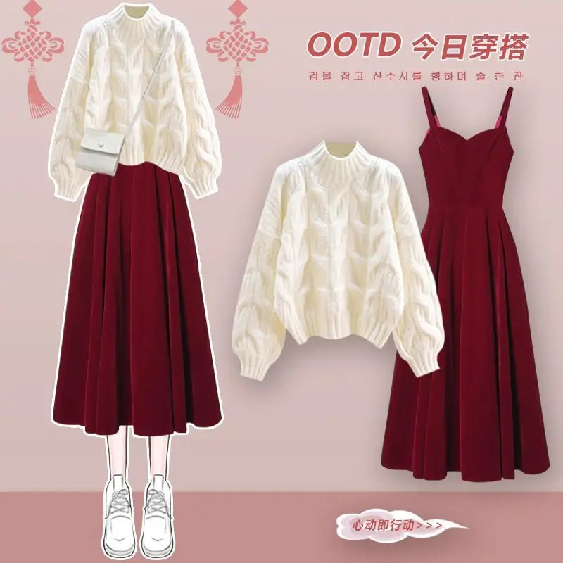 Red Knitted Two-Piece Dress Set