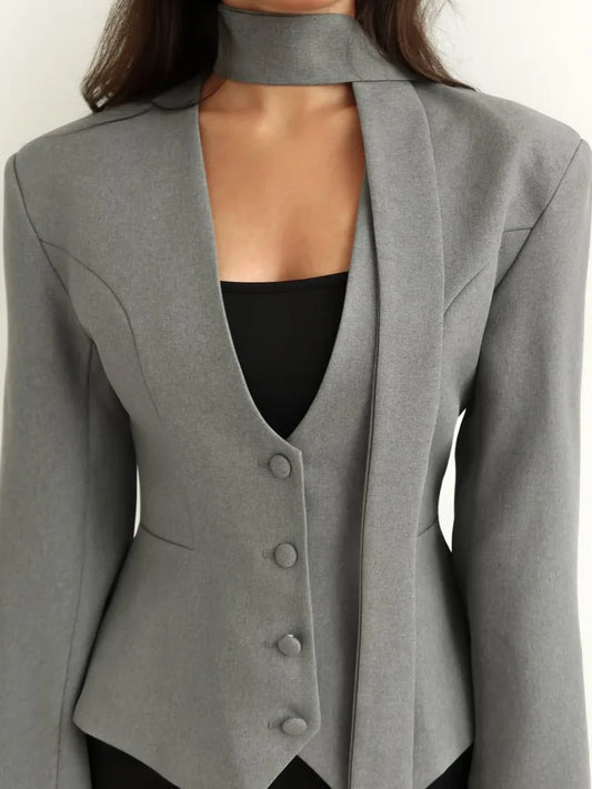 V-Neck Blazer With Scarf Detail