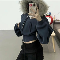 Fur Collar Hooded Crop Jacket