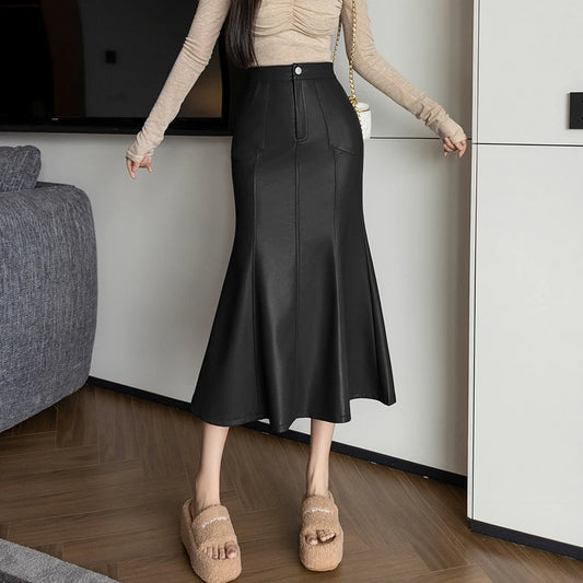 Vintage High Waist PU Leather Fishtail Skirt