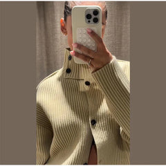 Stand Collar Solid Knit Cardigan