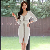 Solid V-Neck Long Sleeve Dress