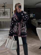 Printed V-Neck Tassel Knit Cardigan