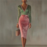 Velvet Patchwork V-Neck Bodycon Dress