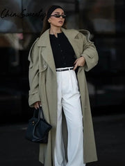 Solid Double Breasted Belted Loose Long Coat