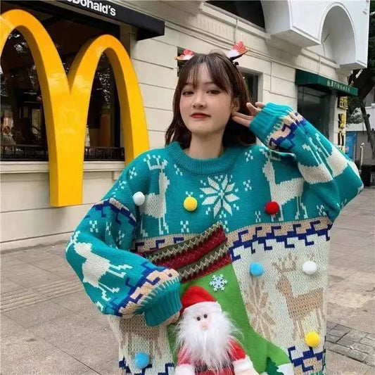 3D Cartoon Christmas Red Knit Sweater