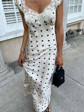 Lace Patchwork Satin Polka Dot Maxi Dress