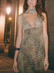 Animal Print Scarf Dress with Hanging Collar