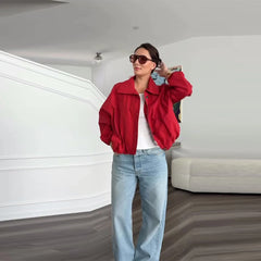 Solid Zip Stand Collar Bomber Jacket