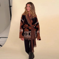 V-Neck Printed Knit Cardigan With Belt