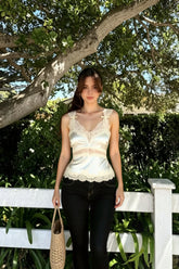 Bow Lace Patch V Neck Solid Tank Top