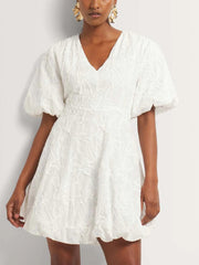 V-neck Embroidered Puff Sleeves Elegant Mini Dress