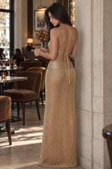 Dark Gold Crochet Halter Maxi Skirt Set