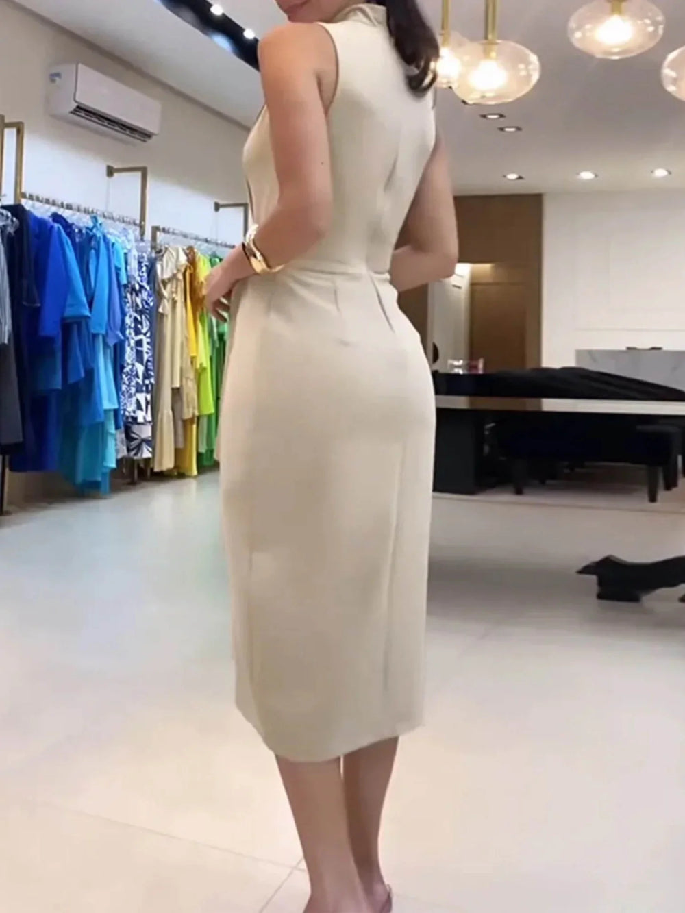 Stand Collar Faux Two-piece Tie-up Split Midi Dress