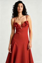 3D Flower Deep V Patchwork Spaghetti Strap Romantic Midi Dress