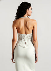 Vintage Lace Strapless Boned Solid Fitted Bodycon Maxi Dress