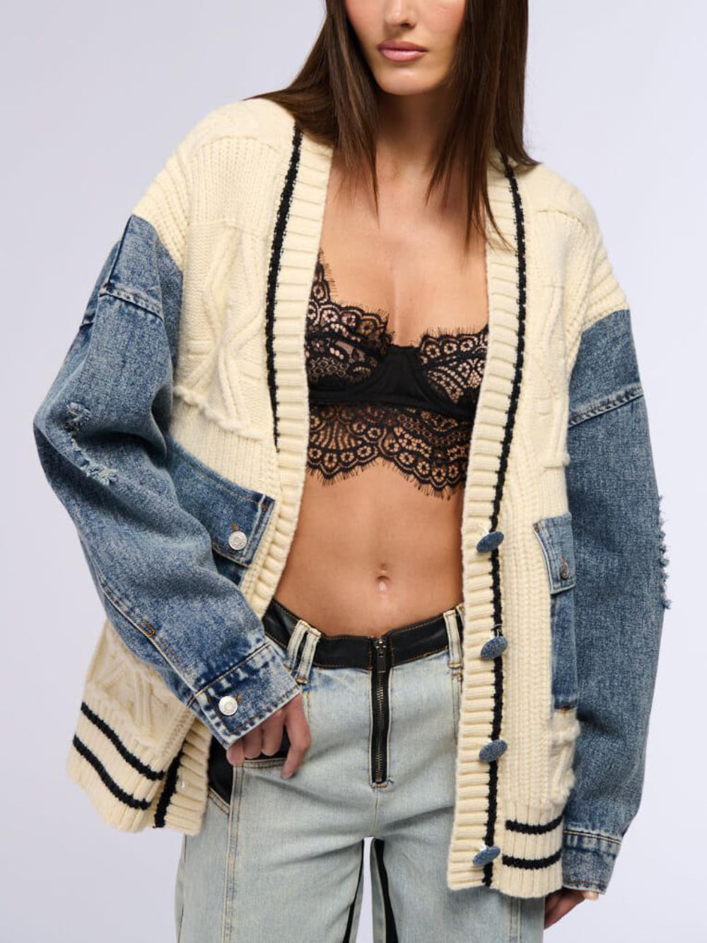 Denim Patchwork Cable Knit Coat