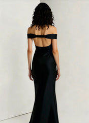 Vintage Satin Mermaid Off Shoulder Maxi Dress