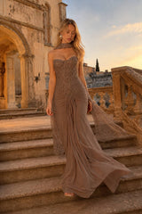 Ribbon Strapless Corset Maxi Evening Prom Dress