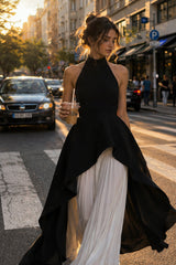 Halter Black White Contrast Pleated Prom Dress