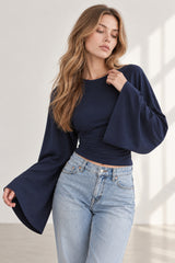 Solid Crew Neck Wide Sleeve Waist Cinched Long Sleeve Tee