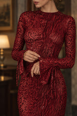 Red Leopard Print Crew Neck Backless Mermaid Maxi Dress