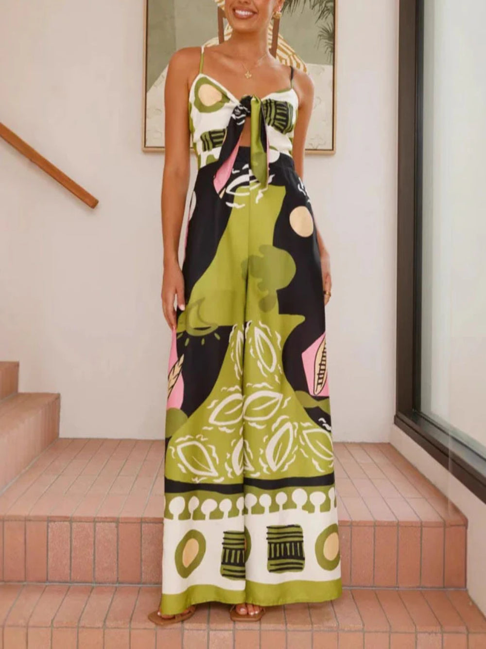 Painted Print Spaghetti Strap Wide-Leg Jumpsuit
