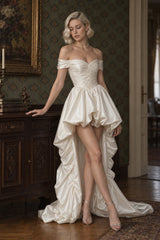 Satin Off Shoulder High Low Reception Dress