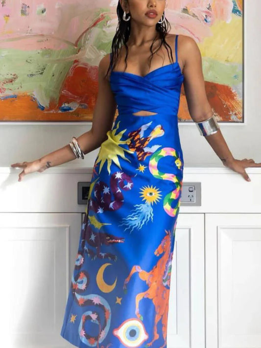 Sexy Satin Backless Floral Cami Dress