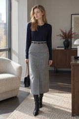 Elegant Striped Faux Wool Belted Casual High Waist A-Line Skirt