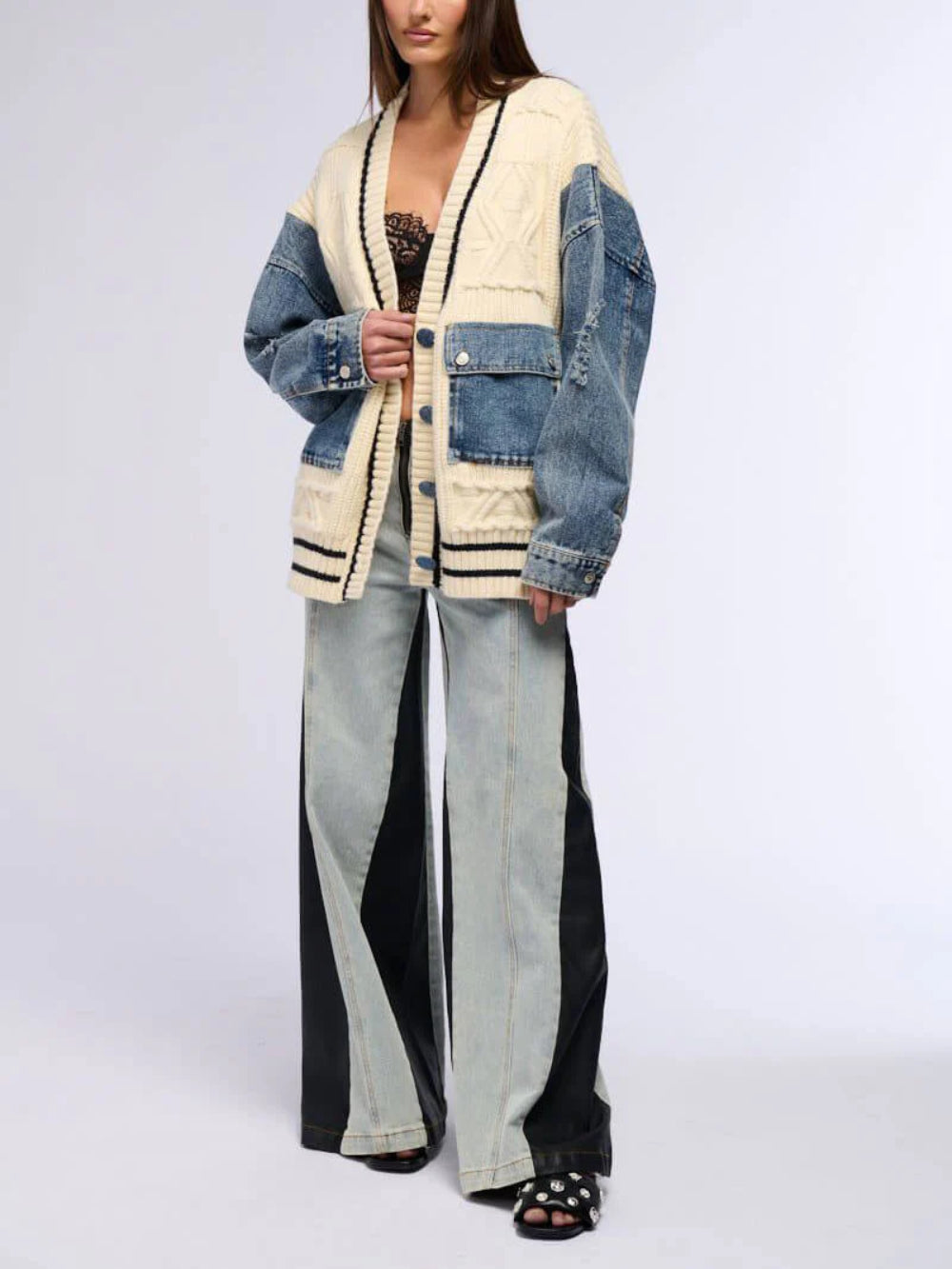 Denim Patchwork Cable Knit Coat