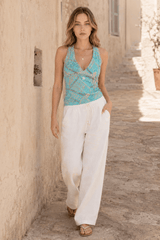 Sequin V Neck Tie Back Halter Top